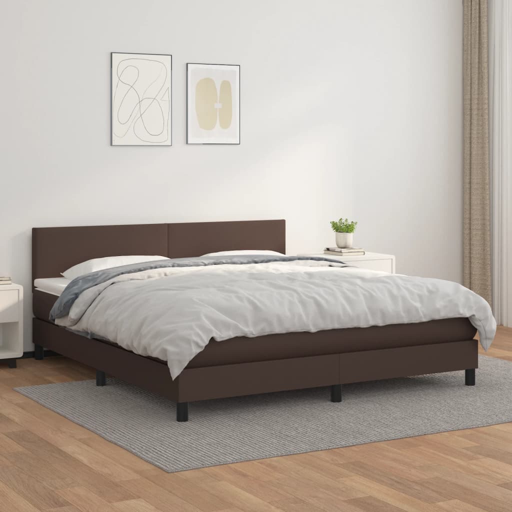 vidaXL Pat box spring cu saltea, maro, 160x200 cm, piele ecologică