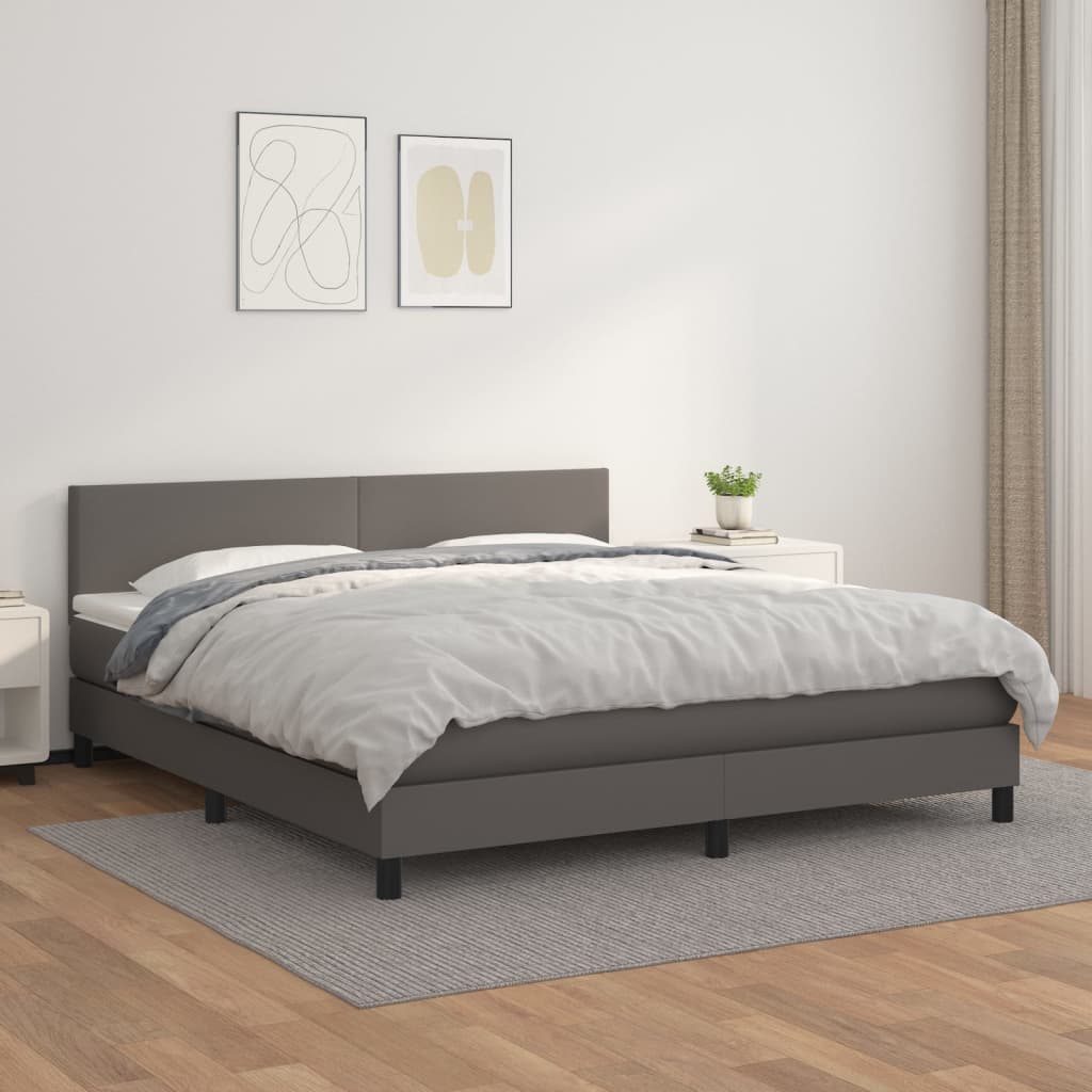 vidaXL Pat box spring cu saltea, gri, 160x200 cm, piele ecologică