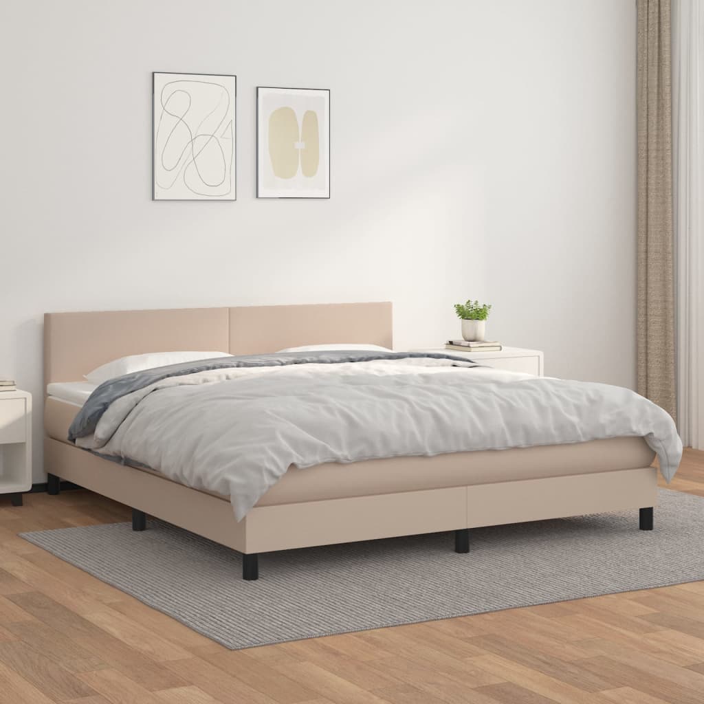 vidaXL Pat box spring cu saltea, cappuccino, 160x200cm piele ecologică