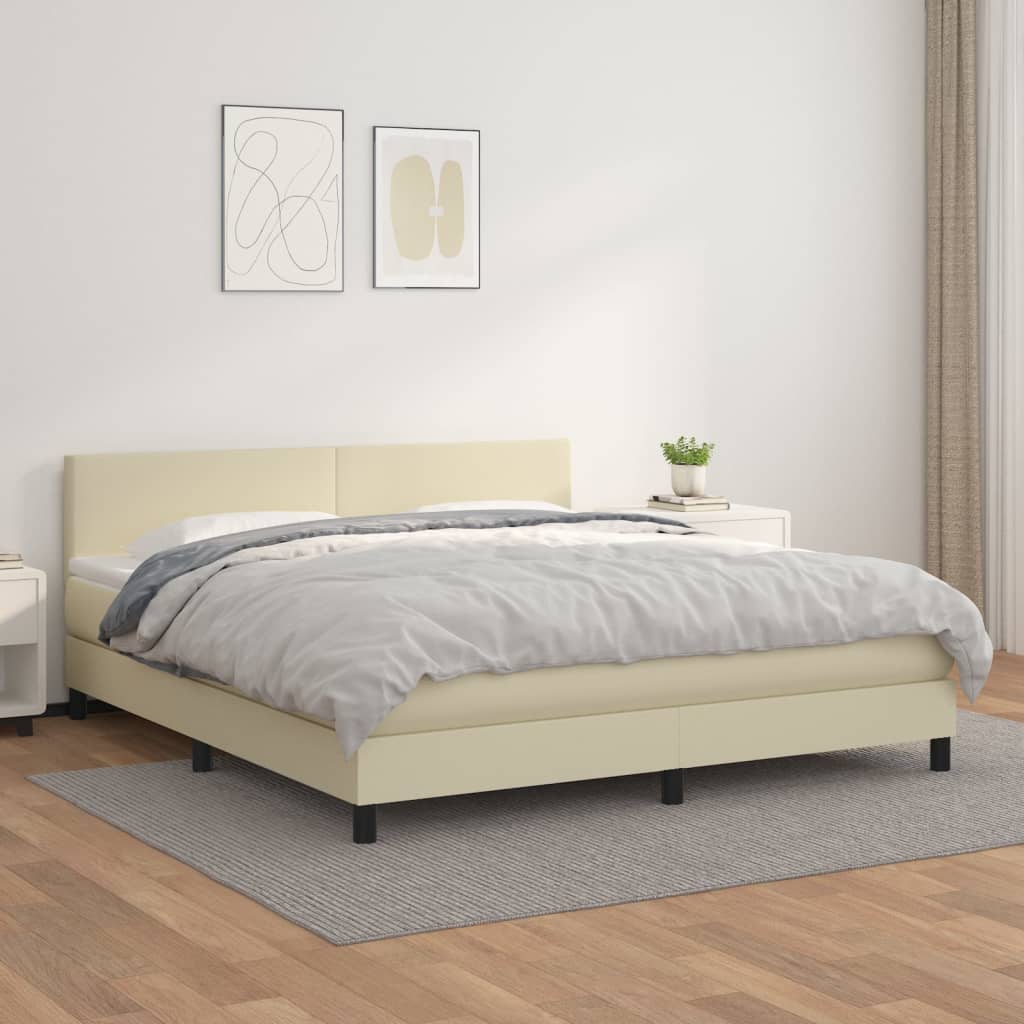 vidaXL Pat box spring cu saltea, crem, 180x200 cm, piele ecologică