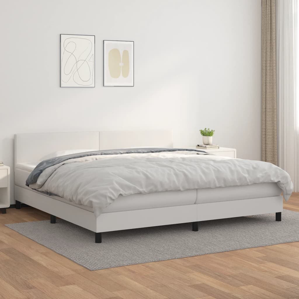 vidaXL Pat box spring cu saltea, alb, 200x200 cm, piele ecologică