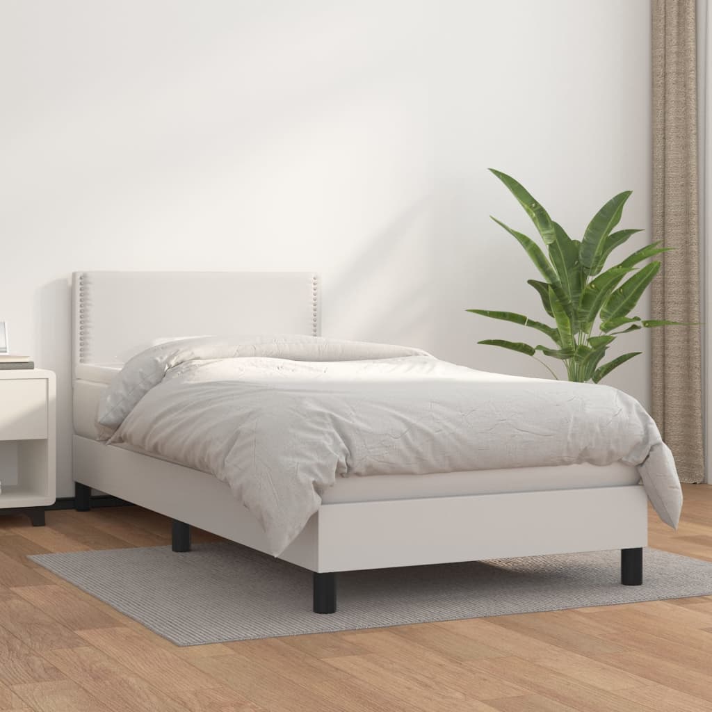 vidaXL Pat box spring cu saltea, alb, 90x190 cm, piele ecologică