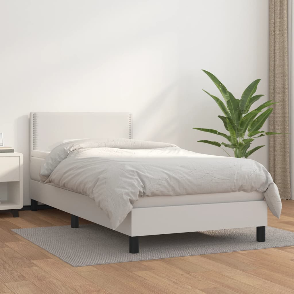 vidaXL Pat box spring cu saltea, alb, 90x200 cm, piele ecologică