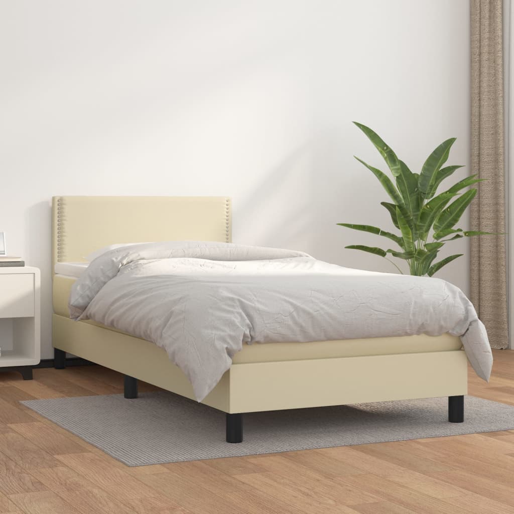 vidaXL Pat box spring cu saltea, crem, 90x200 cm, piele ecologică