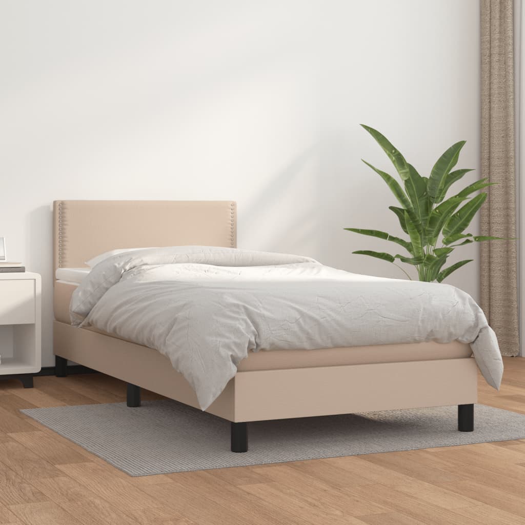 vidaXL Pat box spring cu saltea, cappuccino, 100x200cm piele ecologică