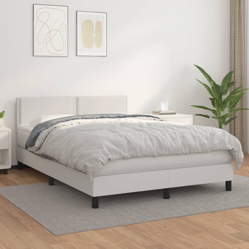 vidaXL Pat box spring cu saltea, alb, 140x190 cm, piele ecologică