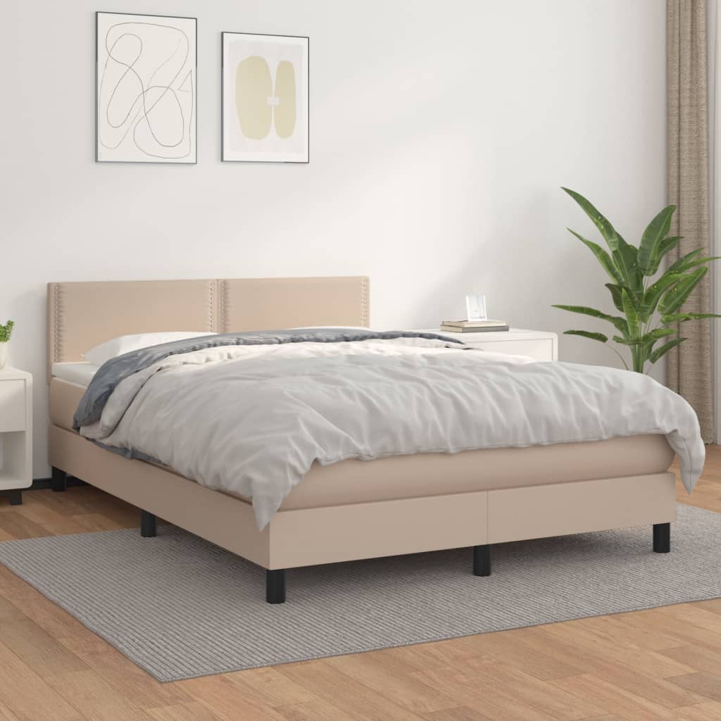 vidaXL Pat box spring cu saltea, cappuccino, 140x190cm piele ecologică