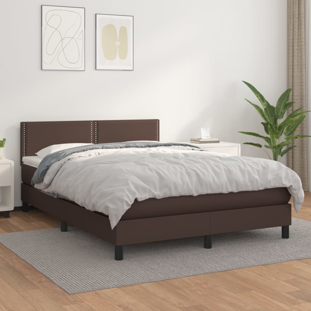 vidaXL Pat box spring cu saltea, maro, 140x200 cm, piele ecologică