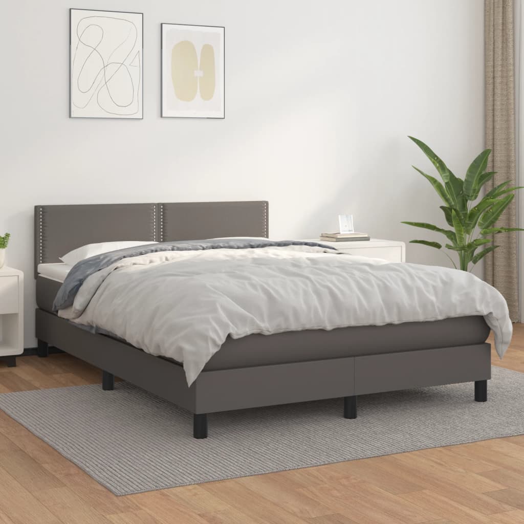 vidaXL Pat box spring cu saltea, gri, 140x200 cm, piele ecologică