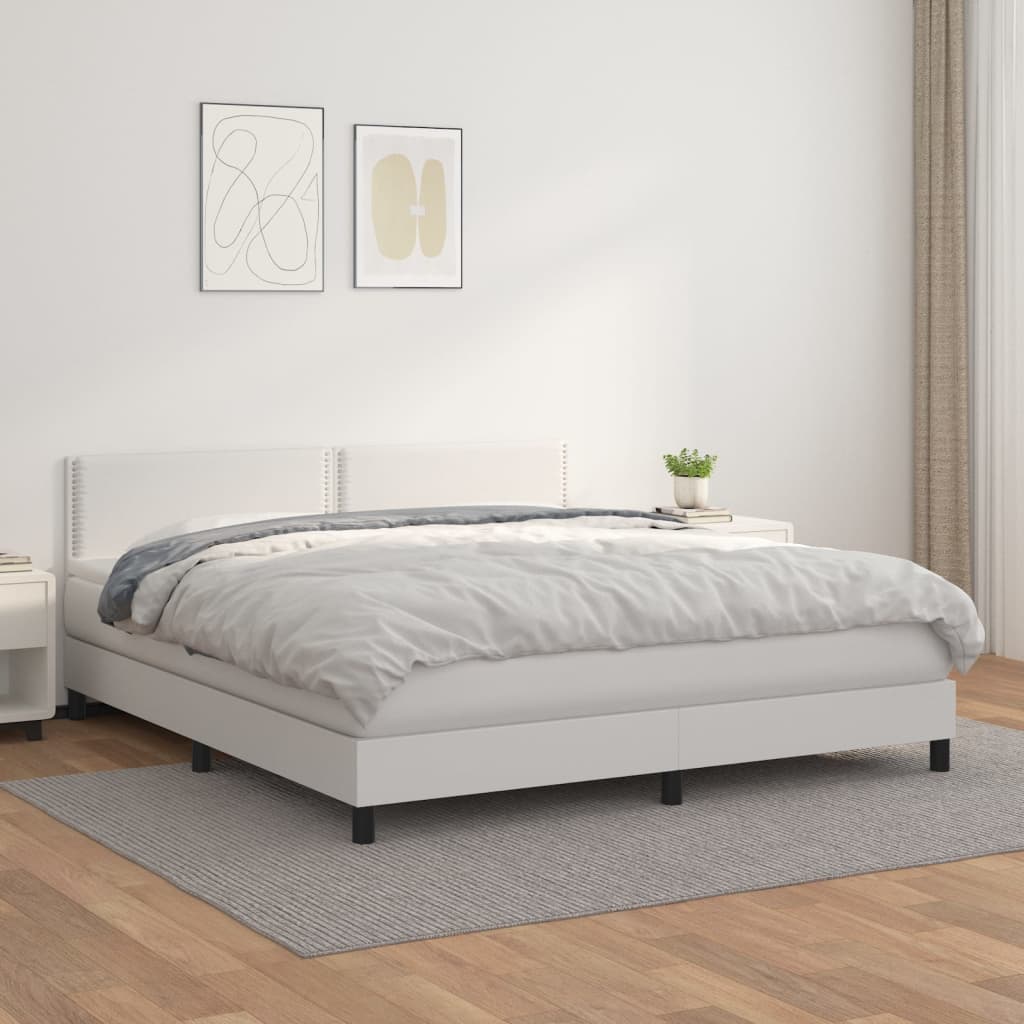 vidaXL Pat box spring cu saltea, alb, 160x200 cm, piele ecologică