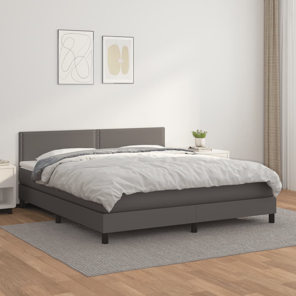 vidaXL Pat box spring cu saltea, gri, 160x200 cm, piele ecologică