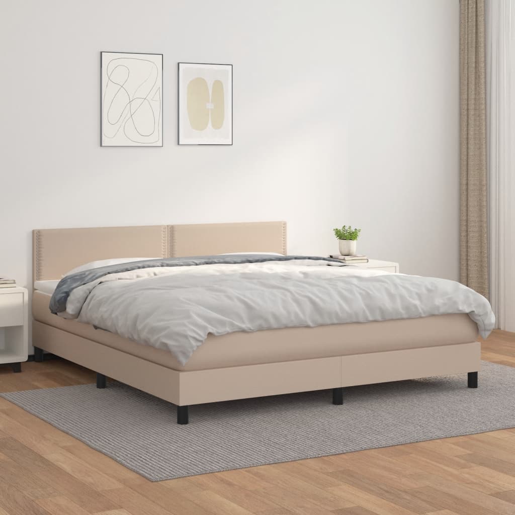 vidaXL Pat box spring cu saltea, cappuccino, 160x200cm piele ecologică