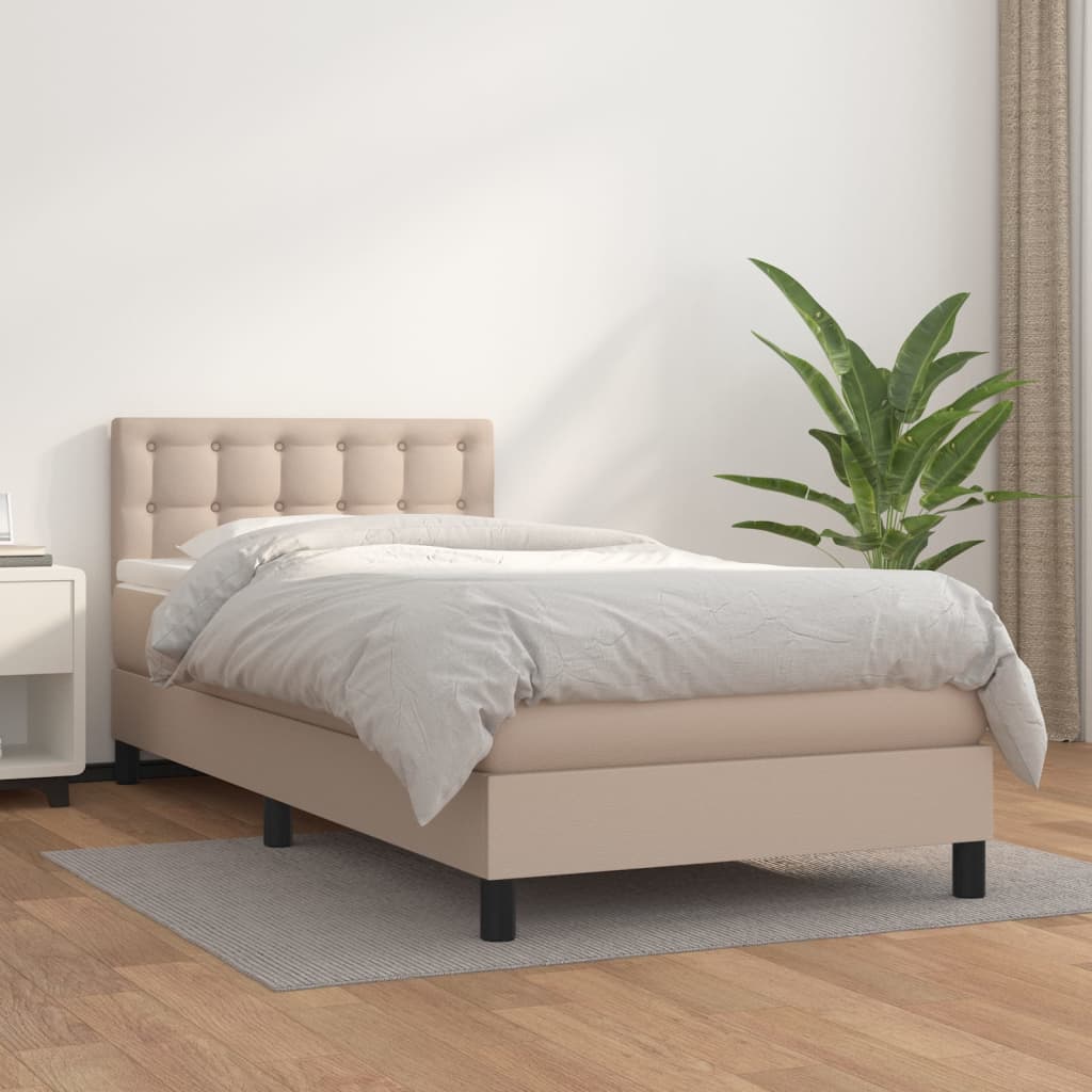 vidaXL Pat box spring cu saltea, cappuccino, 80x200 cm piele ecologică