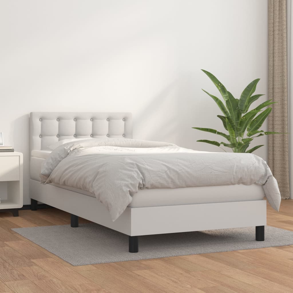 vidaXL Pat box spring cu saltea, alb, 90x190 cm, piele ecologică