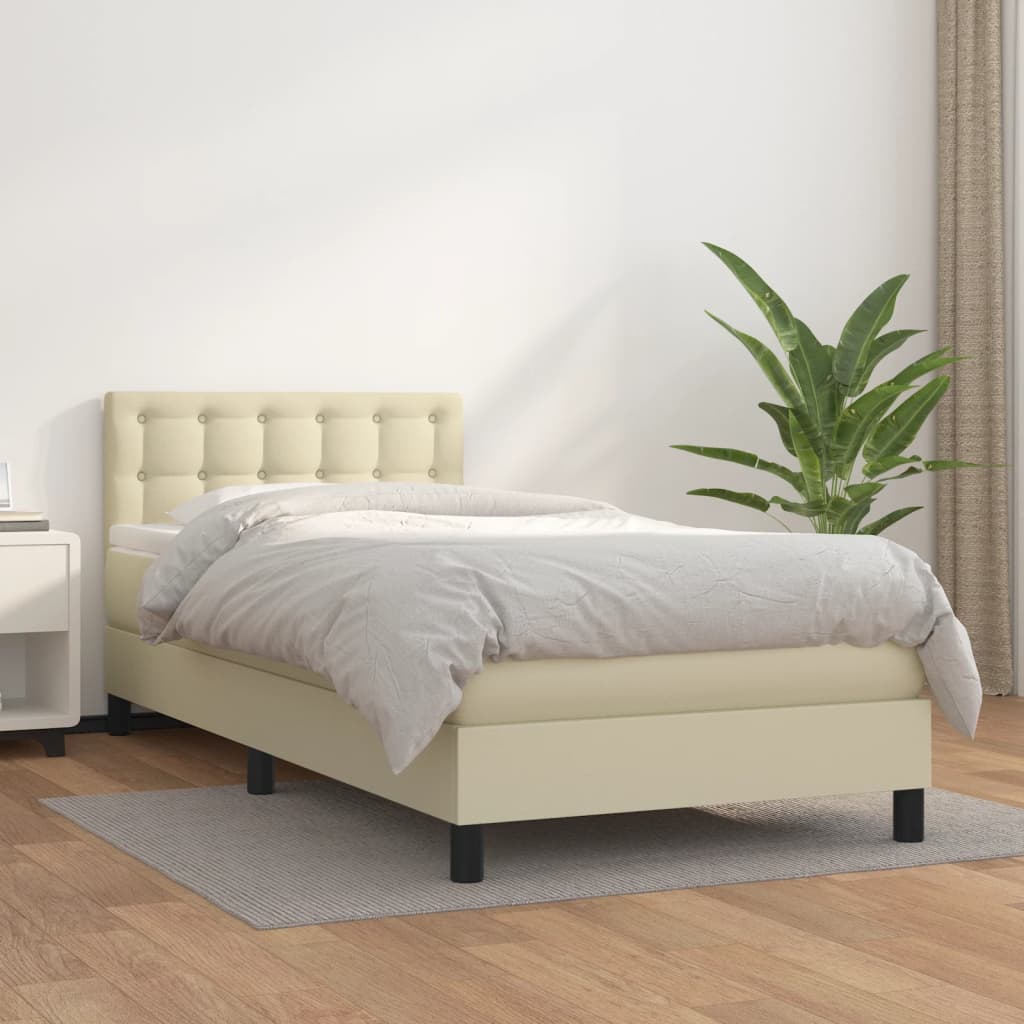 vidaXL Pat box spring cu saltea, crem, 90x190 cm, piele ecologică