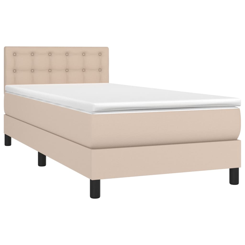 Pat box spring cu saltea, cappuccino, 90x190 cm piele ecologică