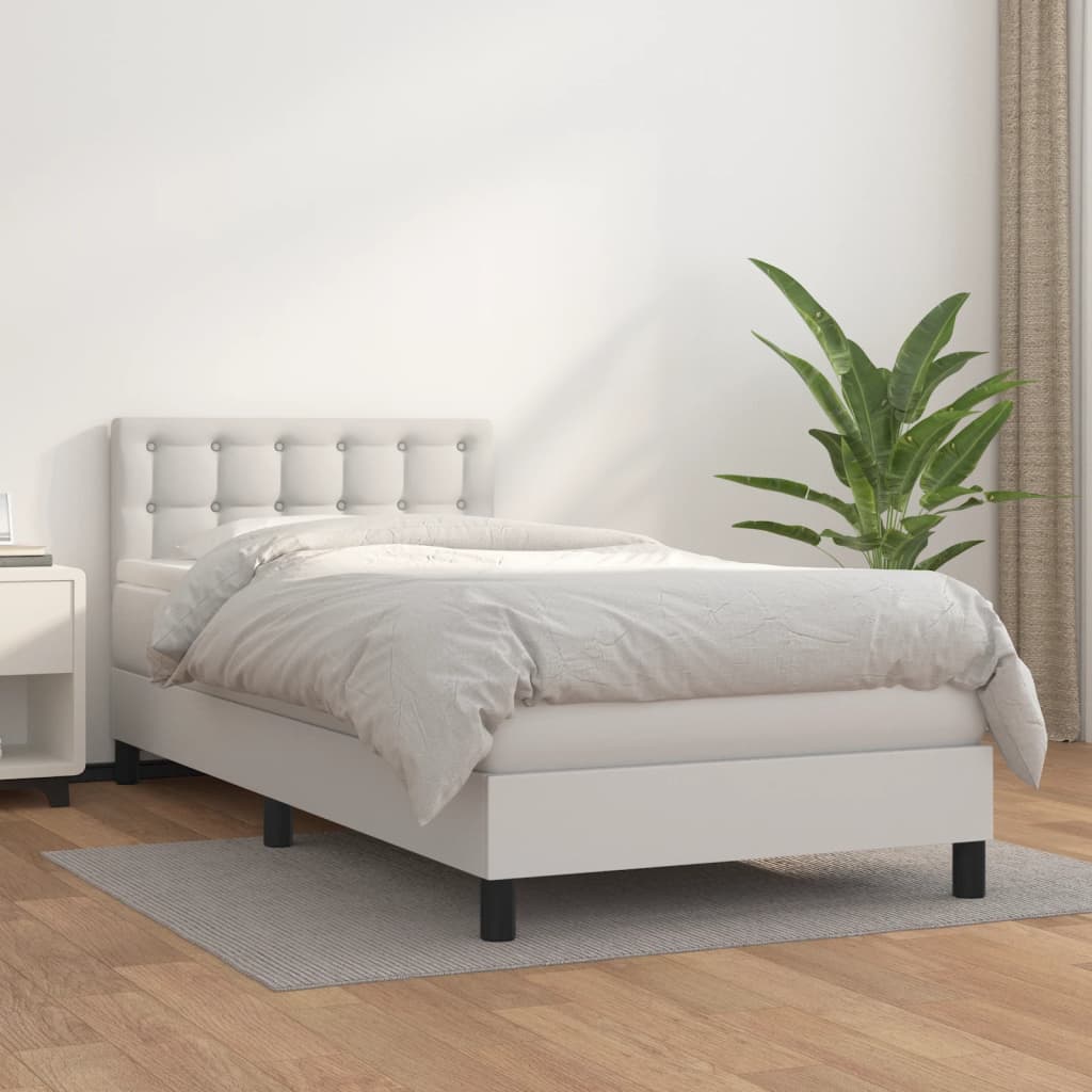 vidaXL Pat box spring cu saltea, alb, 90x200 cm, piele ecologică