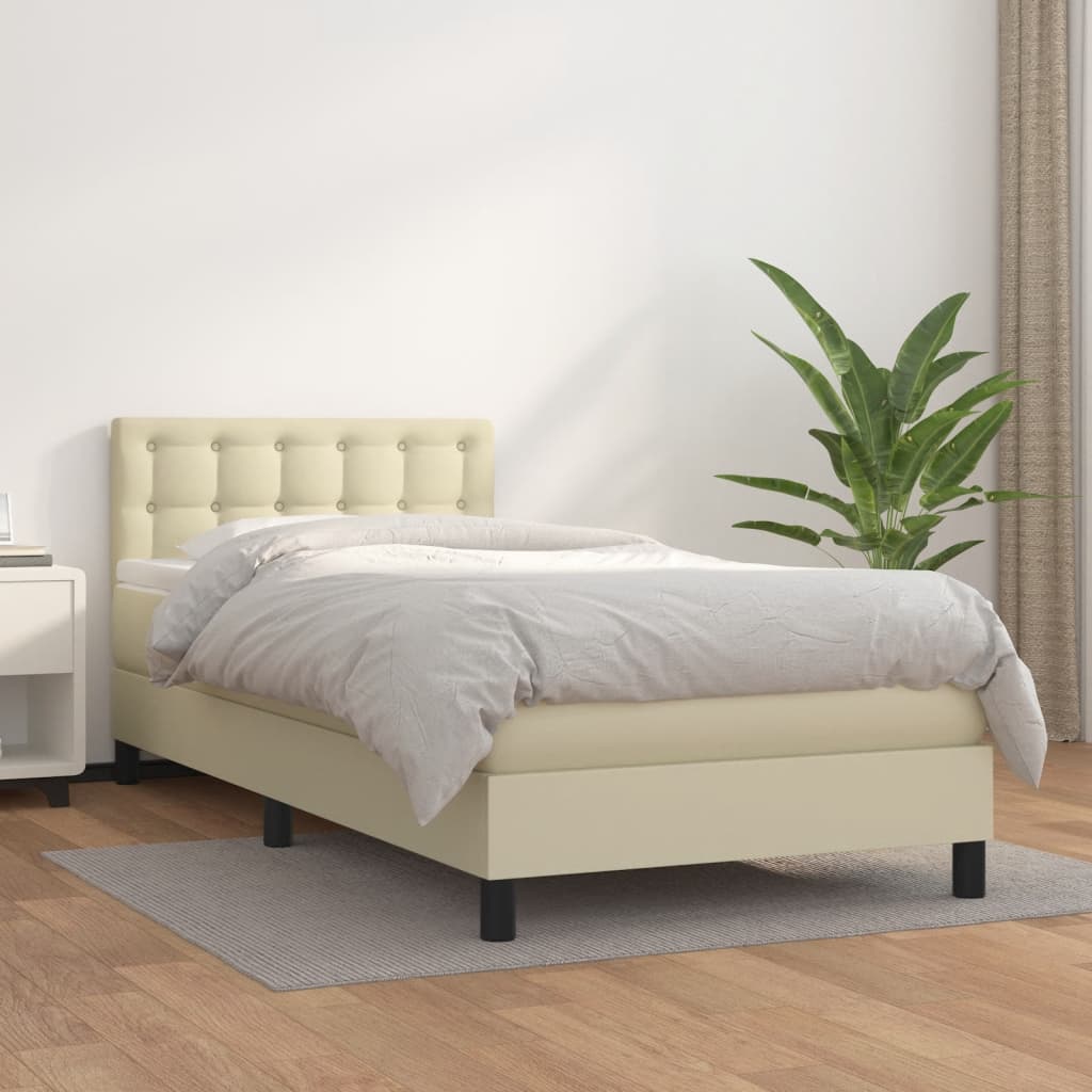 vidaXL Pat box spring cu saltea, crem, 90x200 cm, piele ecologică