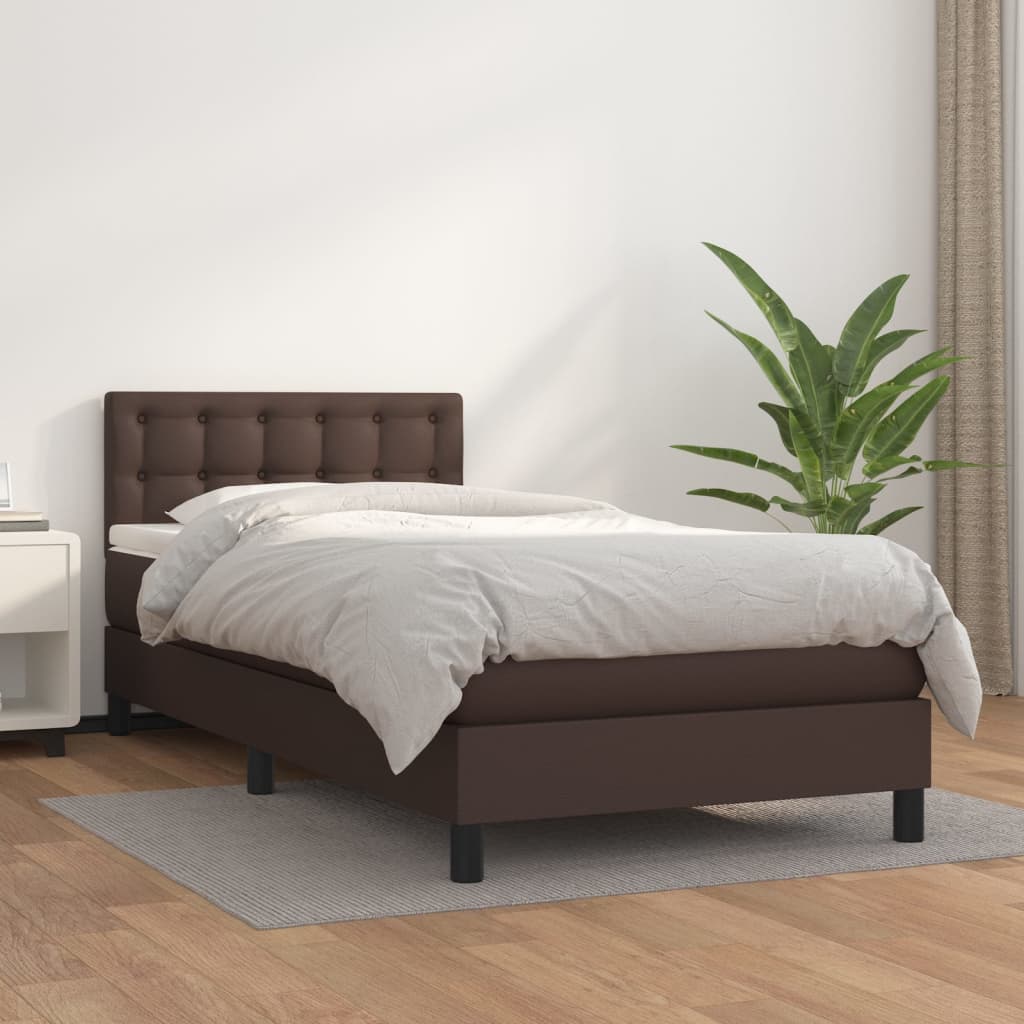 vidaXL Pat box spring cu saltea, maro, 90x200 cm, piele ecologică