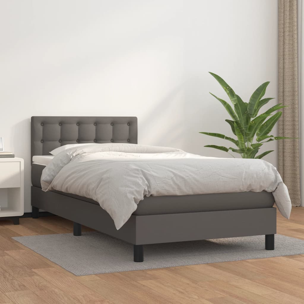 vidaXL Pat box spring cu saltea, gri, 90x200 cm, piele ecologică