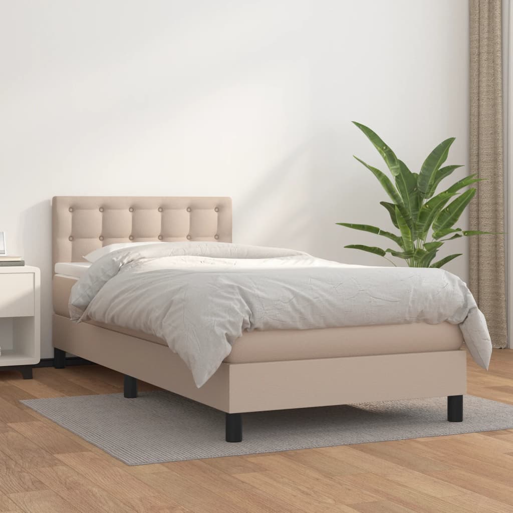 vidaXL Pat box spring cu saltea, cappuccino, 100x200cm piele ecologică