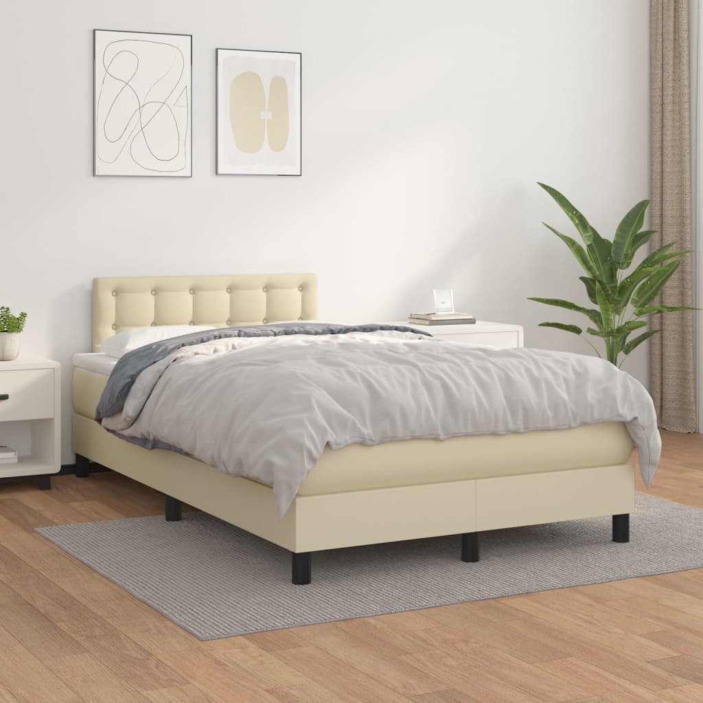 vidaXL Pat box spring cu saltea, crem, 120x200 cm, piele ecologică