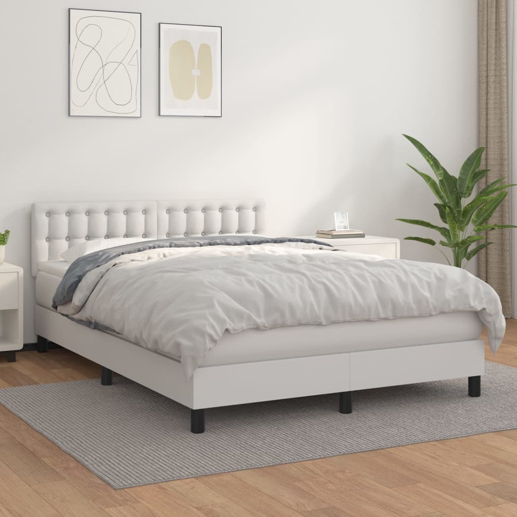 Pat box spring cu saltea, alb, 140x190 cm, piele ecologică