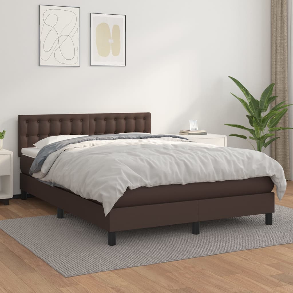 vidaXL Pat box spring cu saltea, maro, 140×190 cm, piele ecologică
