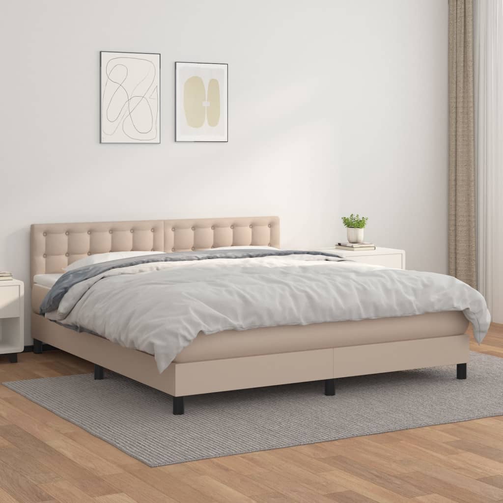 vidaXL Pat box spring cu saltea, cappuccino, 160x200cm piele ecologică