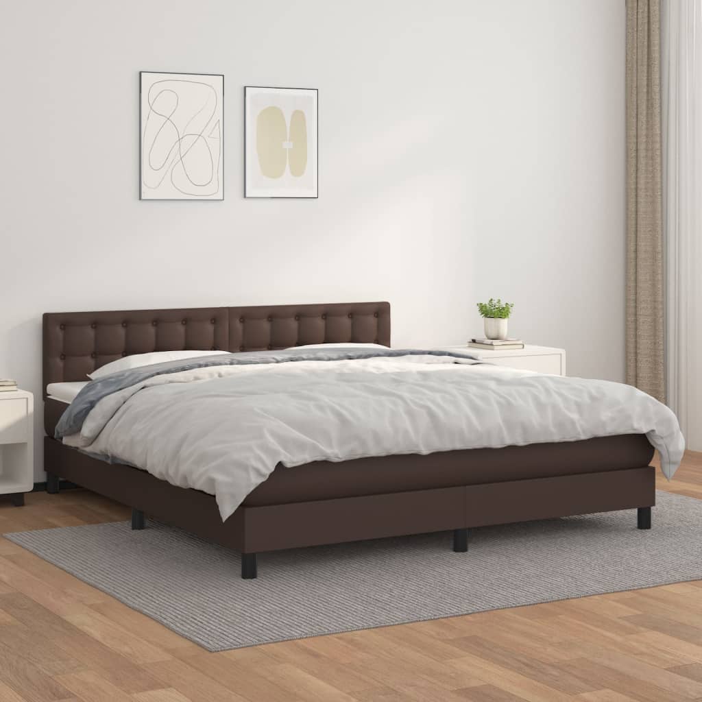 vidaXL Pat box spring cu saltea, maro, 180x200 cm, piele ecologică