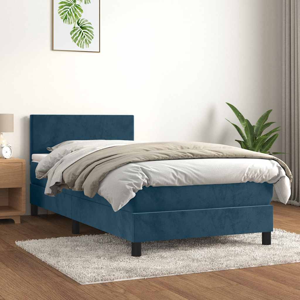 vidaXL Pat box spring cu saltea, albastru închis, 90x200 cm, catifea
