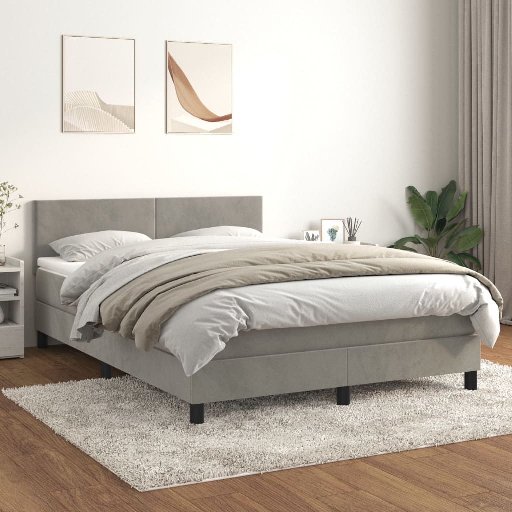 Világosszürke bársony rugós ágy matraccal 140x200 cm 