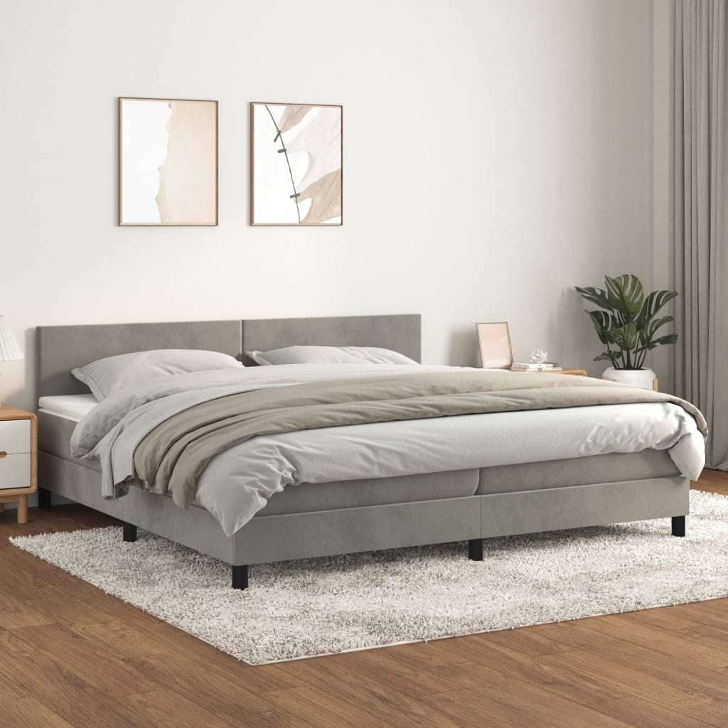 Pat box spring cu saltea, gri deschis, 200x200 cm, catifea