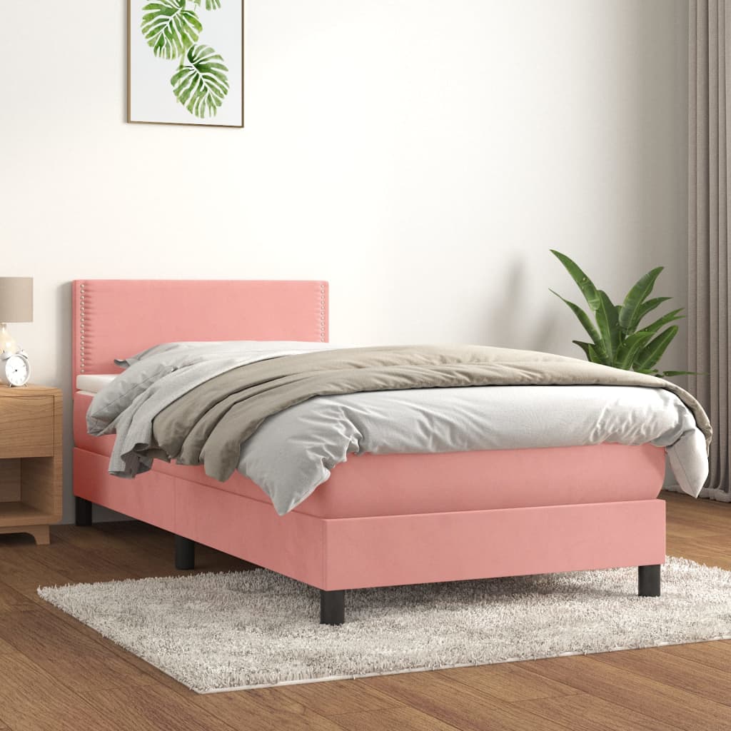 vidaXL Pat box spring cu saltea, roz, 90x190 cm, catifea