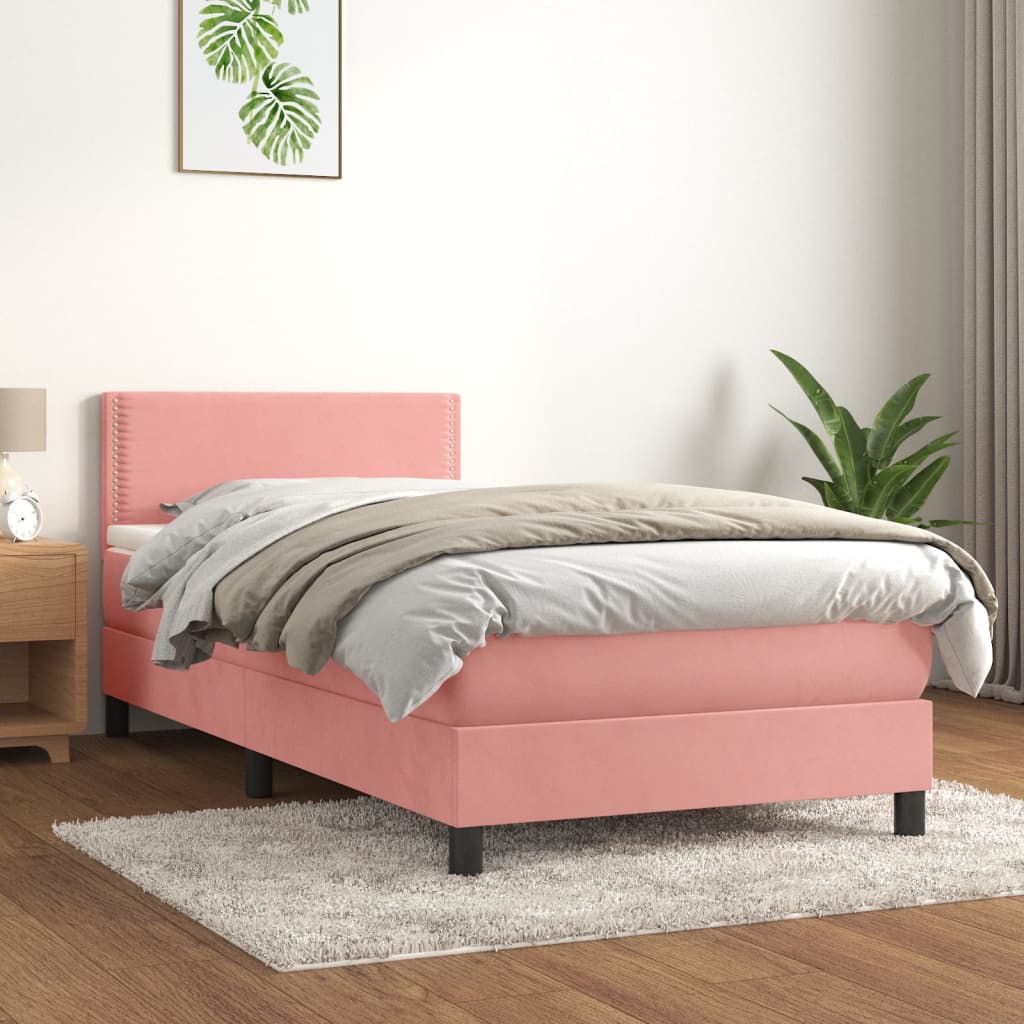 rózsaszín bársony rugós ágy matraccal 100 x 200 cm
