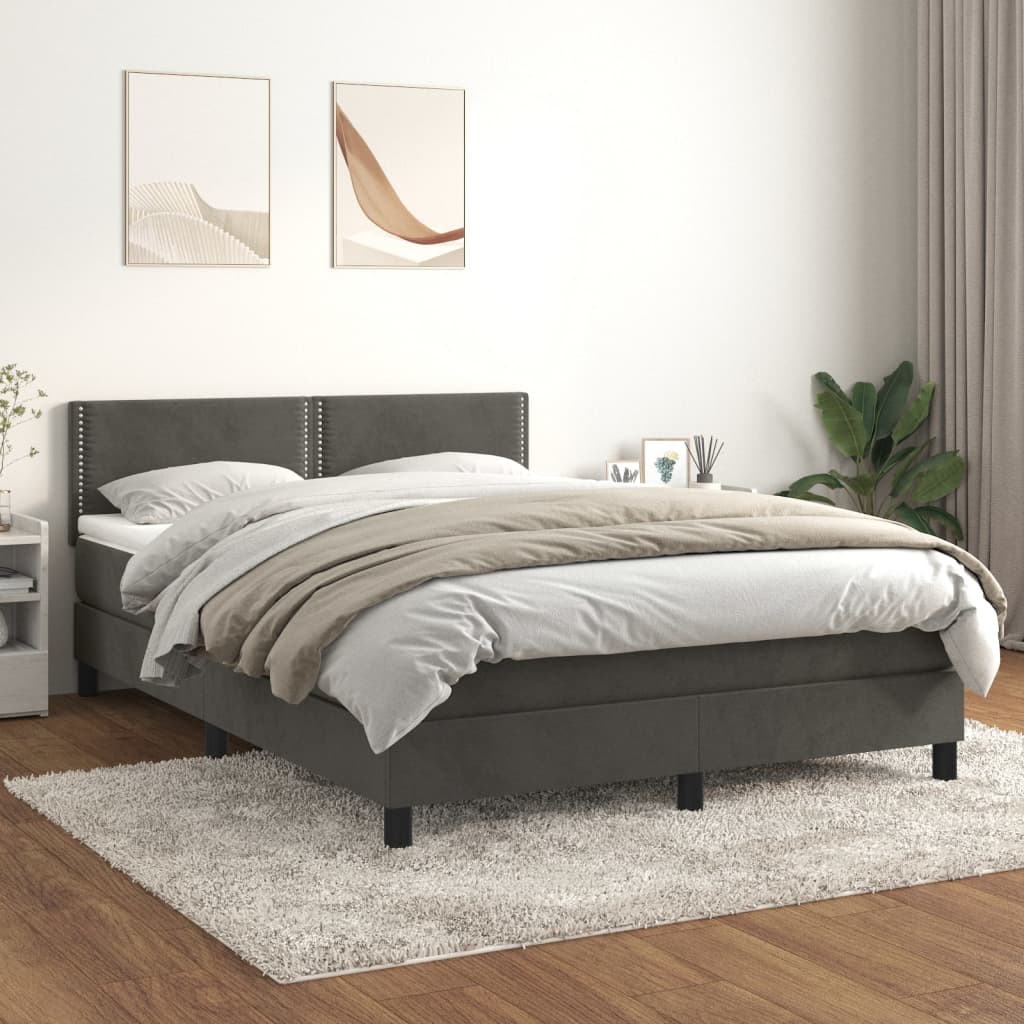 vidaXL Pat box spring cu saltea, gri închis, 140x190 cm, catifea