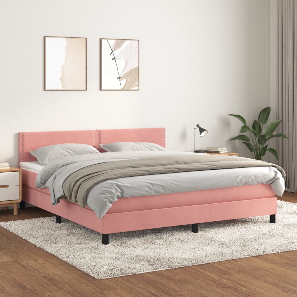 vidaXL Pat box spring cu saltea, roz, 160x200 cm, catifea