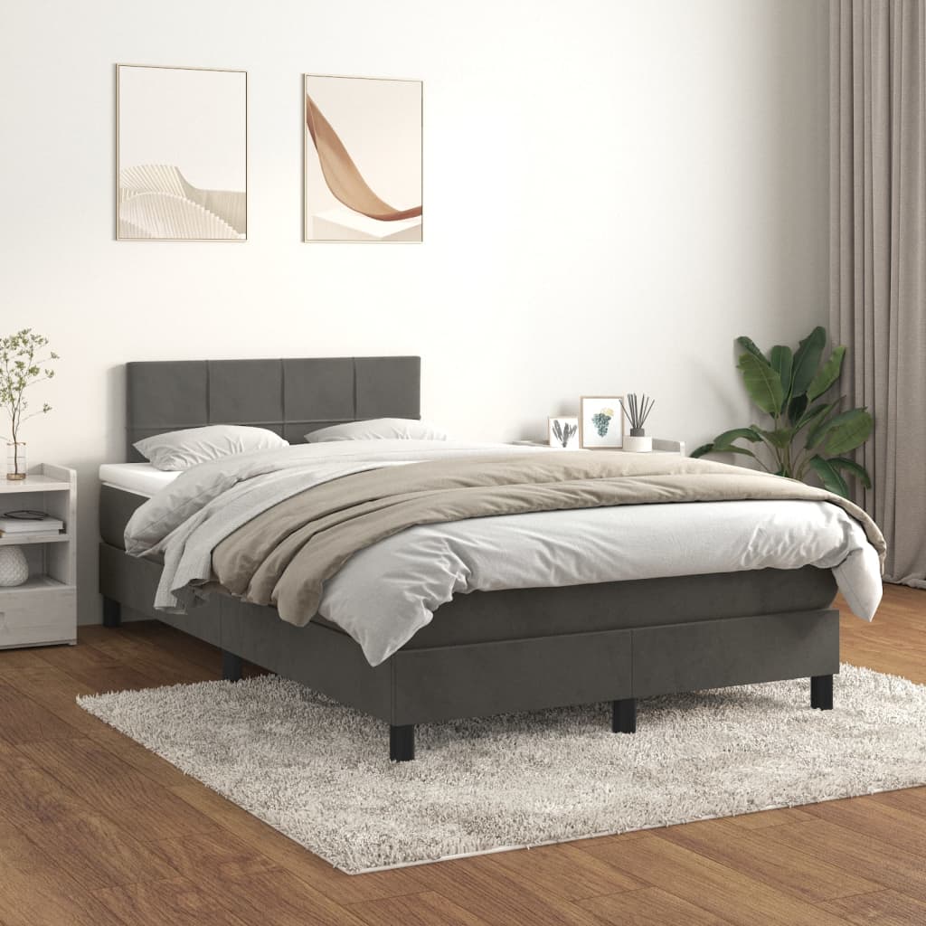 vidaXL Pat box spring cu saltea, gri închis, 120x200 cm, catifea