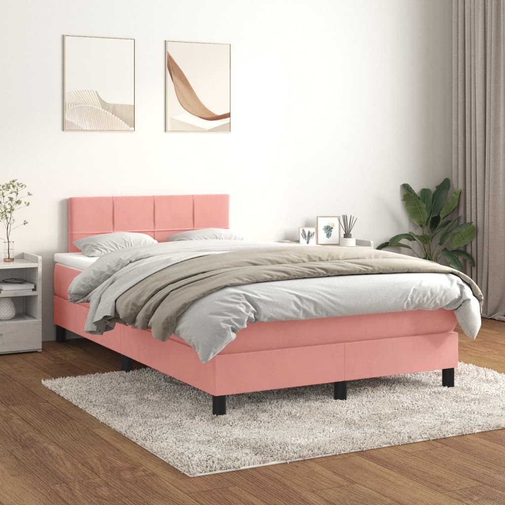 vidaXL Pat box spring cu saltea, roz, 120x200 cm, catifea