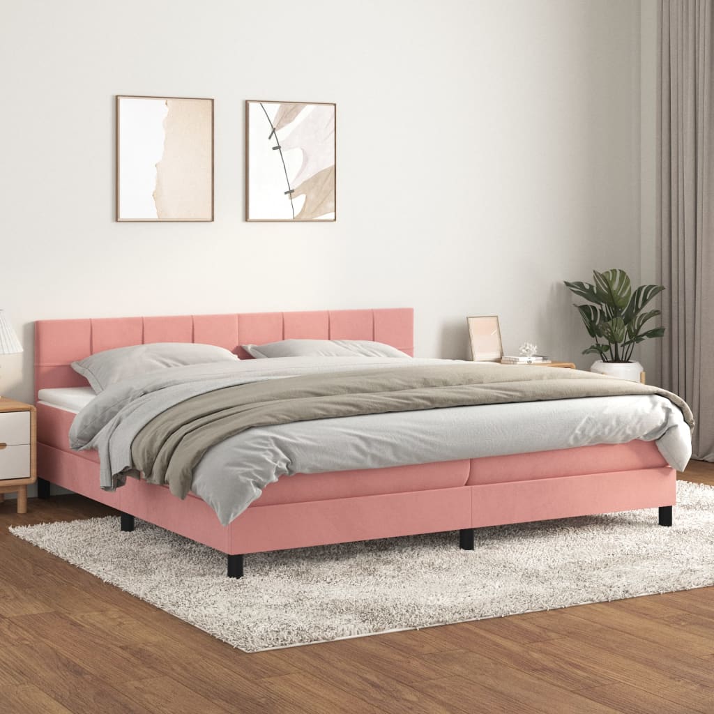 vidaXL Pat box spring cu saltea, roz, 200x200 cm, catifea