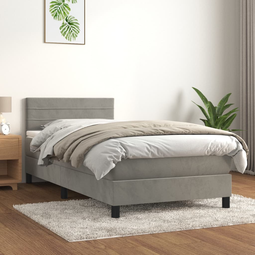 Pat box spring cu saltea, gri deschis, 80x200 cm, catifea