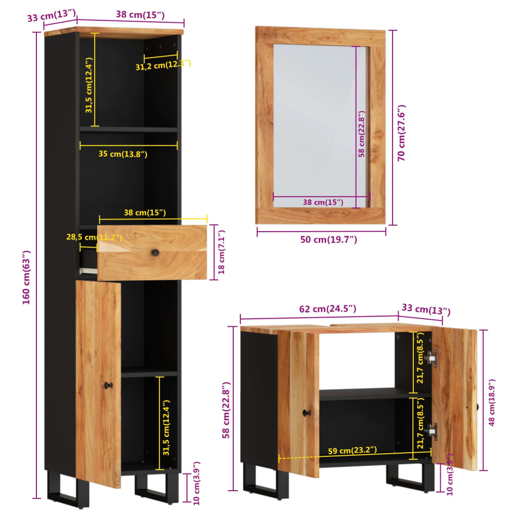 3-dijelni set kupaonskog namještaja od masivnog bagremovog drva