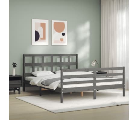 vidaXL Lovos rėmas su galvūgaliu, pilkas, medienos masyvas, didelis