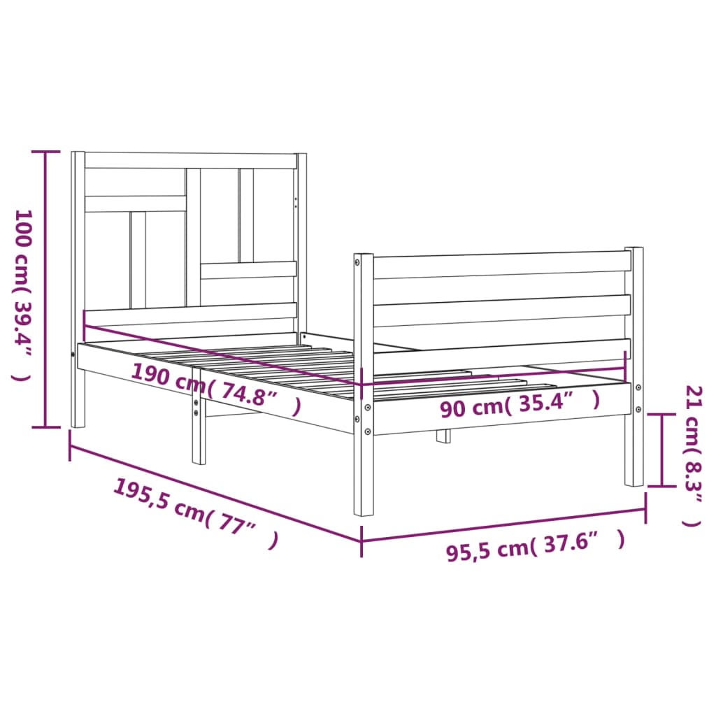 Рамка за легло с табла сива 3FT Single масивна дървесина