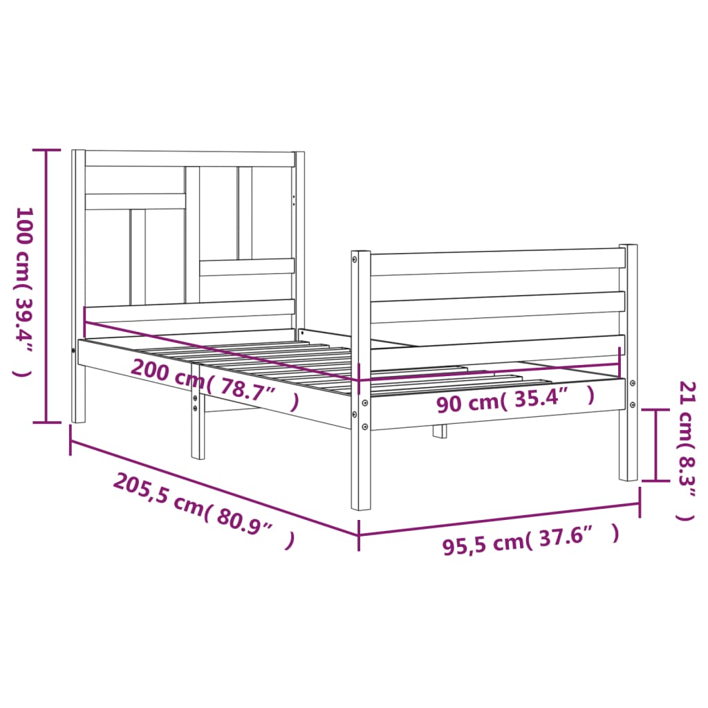 tömör fa ágykeret fejtámlával 90 x 200 cm