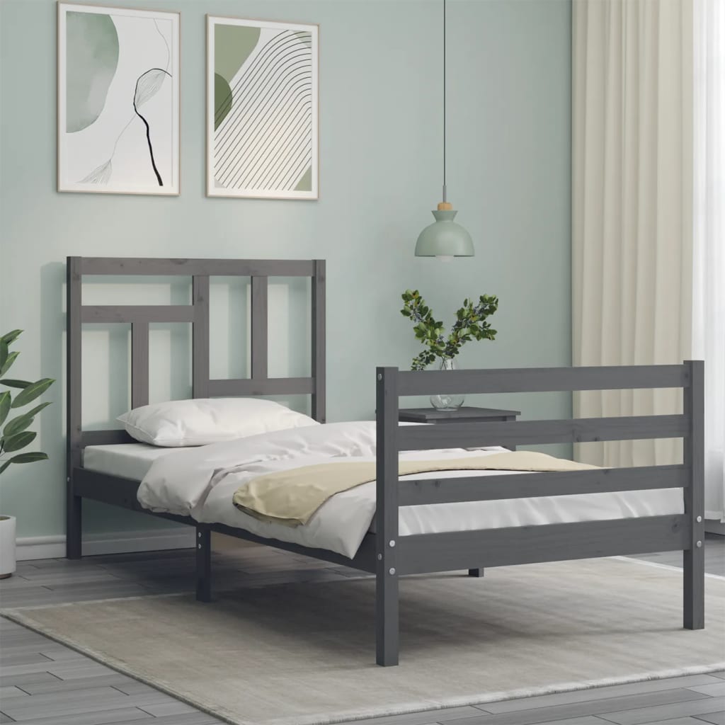 vidaXL Bed Frame with Headboard Grey 100x200 cm Solid Wood