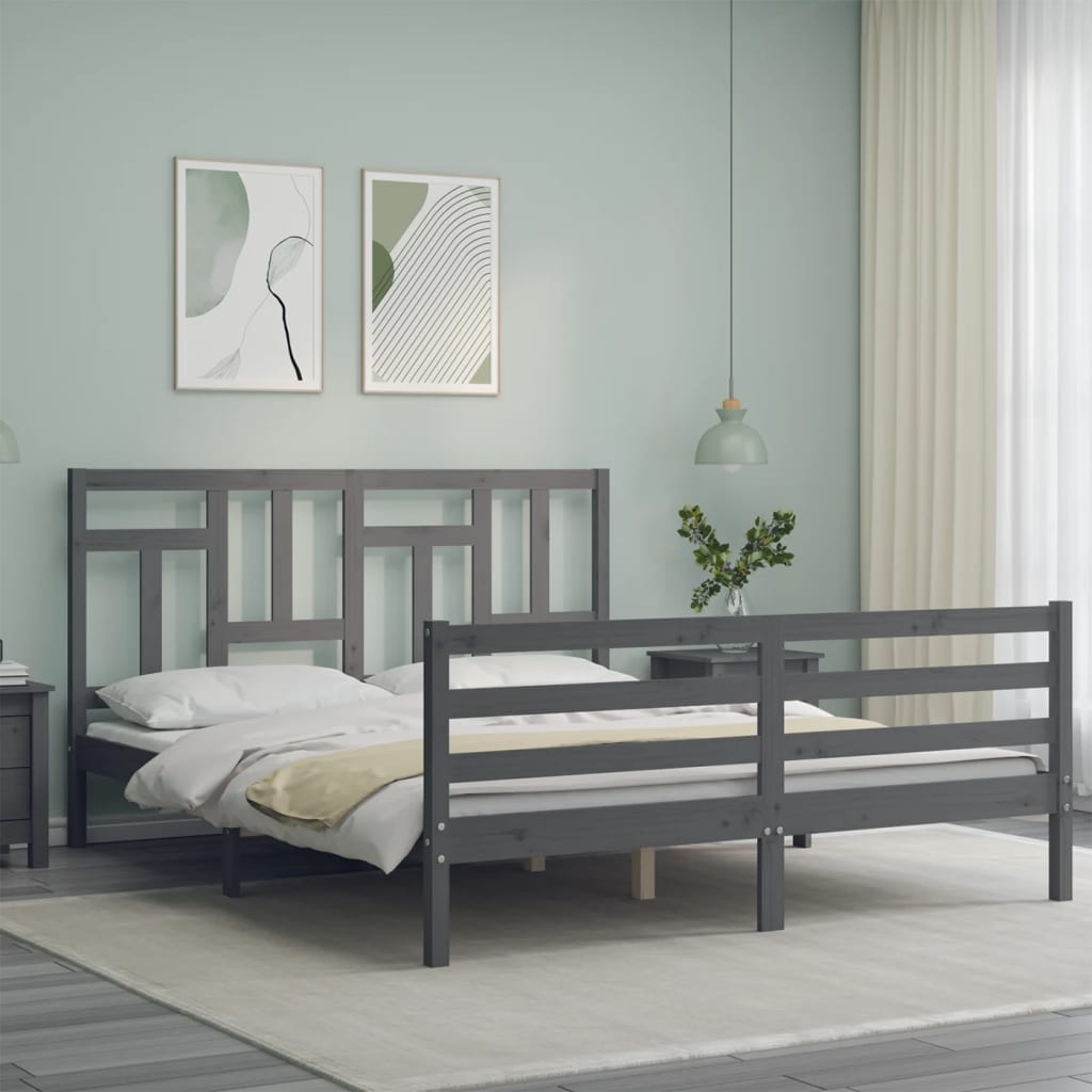 vidaXL Bed Frame with Headboard Grey 160x200 cm Solid Wood