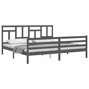 Rám postele s čelem šedý 200 x 200 cm masivní dřevo - obrázek 4