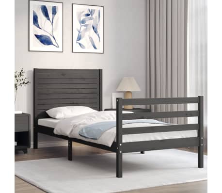 vidaXL Lovos rėmas su galvūgaliu, pilkas, medienos masyvas, vienvietis