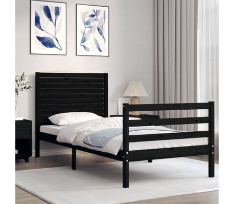 vidaXL Lovos rėmas su galvūgaliu, juodas, medienos masyvas, vienvietis